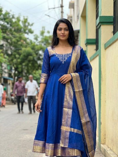 Royal Blue Jacquard Silk Ethnic Anarkali Dupatta Set Of 2 - BONYHUBSALWAR KAMEEZ