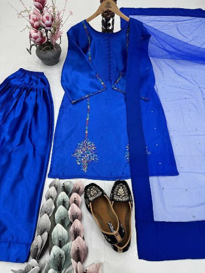 Royal Blue Superhit Embroidered Sequins Farshi Suit UK Next Day - BONYHUBSALWAR KAMEEZ