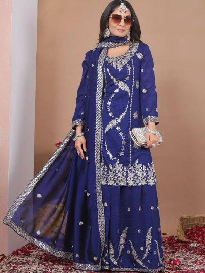 Royal Blue Vichitra Silk Embroidery Sharara Suit - BONYHUBSALWAR KAMEEZ