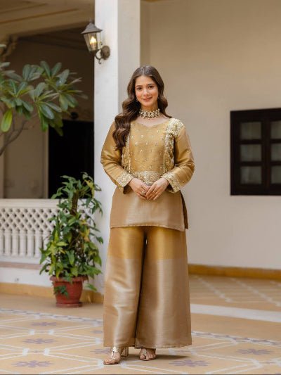 Royal Gold Banarasi Embroidery Kurti Palazzo Set Of 2 - BONYHUBSALWAR KAMEEZ