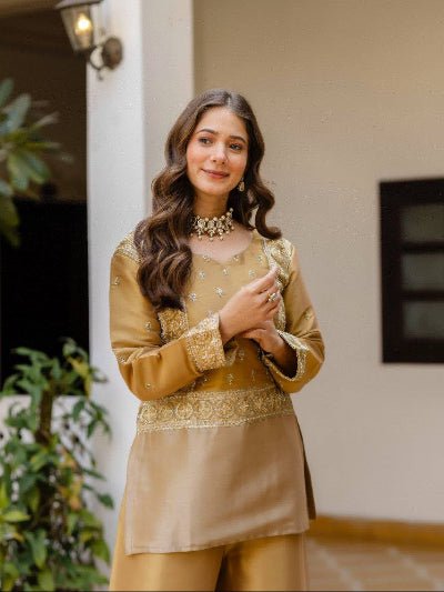 Royal Gold Banarasi Embroidery Kurti Palazzo Set Of 2 - BONYHUBSALWAR KAMEEZ