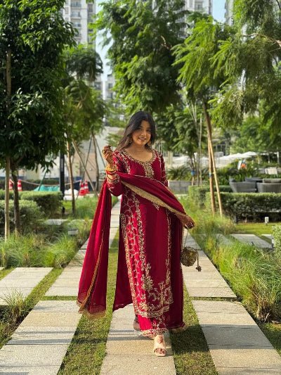 Royal Maroon Georgette Embroidery Straight Suit - BONYHUBSALWAR KAMEEZ