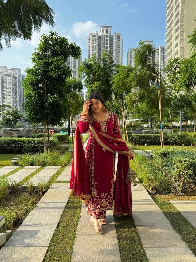 Royal Maroon Georgette Embroidery Straight Suit - BONYHUBSALWAR KAMEEZ