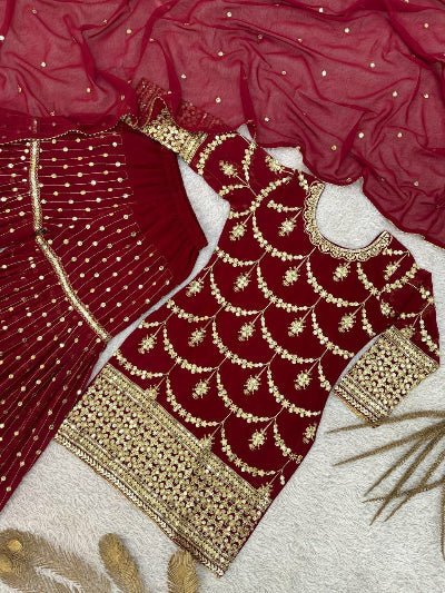 Royal Maroon Gold Embroidery Gharara Suit Set - BONYHUBSALWAR KAMEEZ