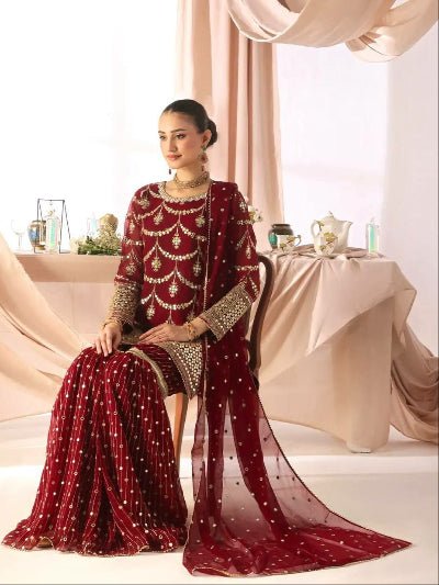 Royal Maroon Gold Embroidery Gharara Suit Set - BONYHUBSALWAR KAMEEZ