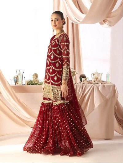 Royal Maroon Gold Embroidery Gharara Suit Set - BONYHUBSALWAR KAMEEZ