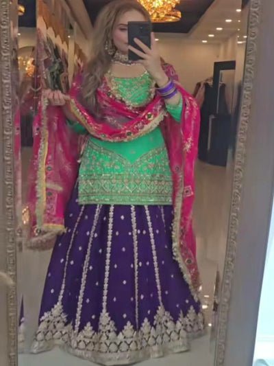 Royal Navy & Mint Lehenga Set with Pink Mirror Work Dupatta - BONYHUBSALWAR KAMEEZ