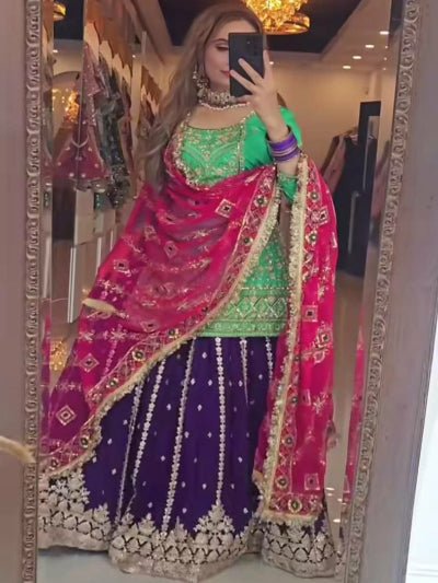 Royal Navy & Mint Lehenga Set with Pink Mirror Work Dupatta - BONYHUBSALWAR KAMEEZ