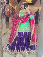 Royal Navy & Mint Lehenga Set with Pink Mirror Work Dupatta - BONYHUBSALWAR KAMEEZ