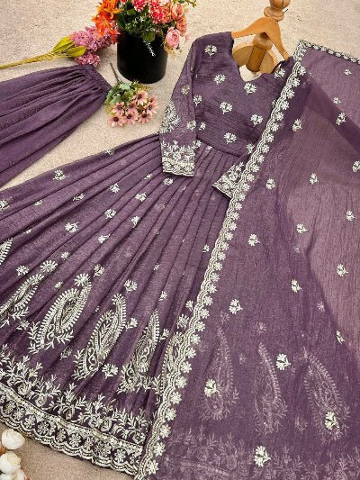Royal Onion Purple Embroidered Silk Anarkali Suit Set - BONYHUBSALWAR KAMEEZ