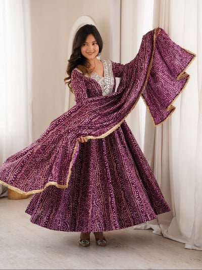 Royal Plum Bandhani Mirror Work Anarkali Suit with Dupatta - BONYHUBSALWAR KAMEEZ