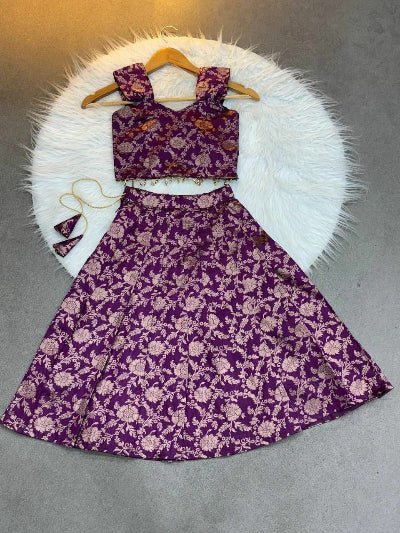 Royal Plum Kids Banarasi Silk Lehenga Blouse Set - BONYHUBLehangas