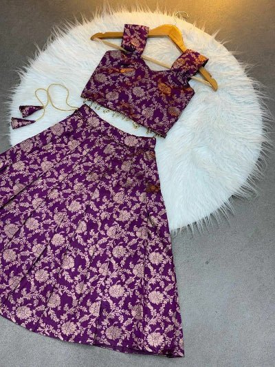 Royal Plum Kids Banarasi Silk Lehenga Blouse Set - BONYHUBLehangas
