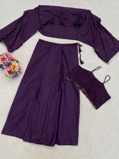 Royal Plum Trendy Indo Western Draped Skirt Set - BONYHUBSAREE