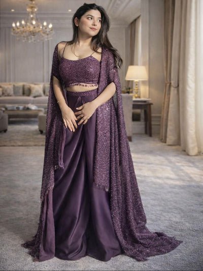 Royal Plum Trendy Indo Western Draped Skirt Set - BONYHUBSAREE