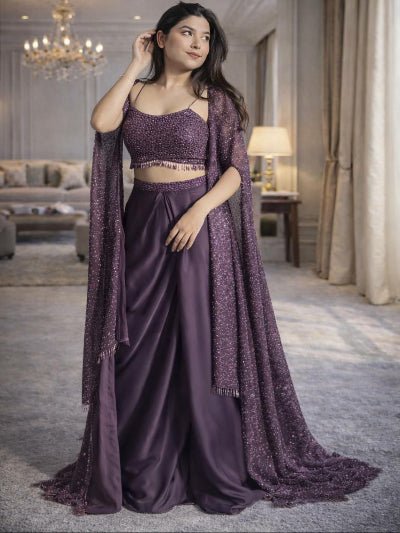 Royal Plum Trendy Indo Western Draped Skirt Set - BONYHUBSAREE
