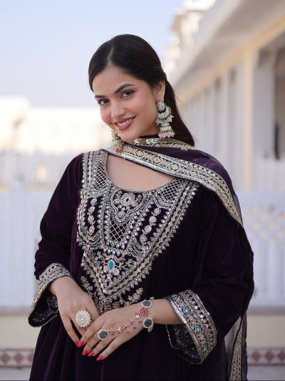 Royal Plum Velvet Bell Sleeve Salwar Suit UK Next Day - BONYHUBSALWAR KAMEEZ