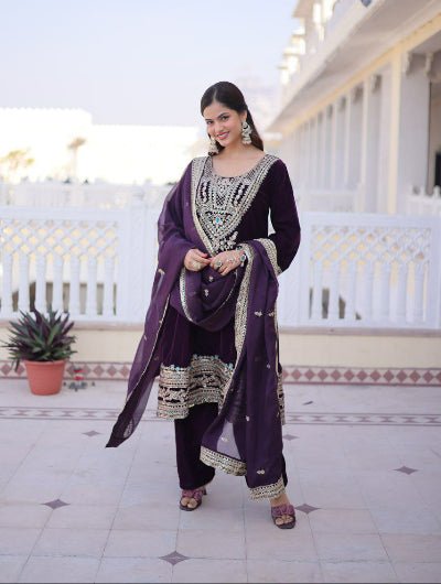 Royal Plum Velvet Bell Sleeve Salwar Suit UK Next Day - BONYHUBSALWAR KAMEEZ