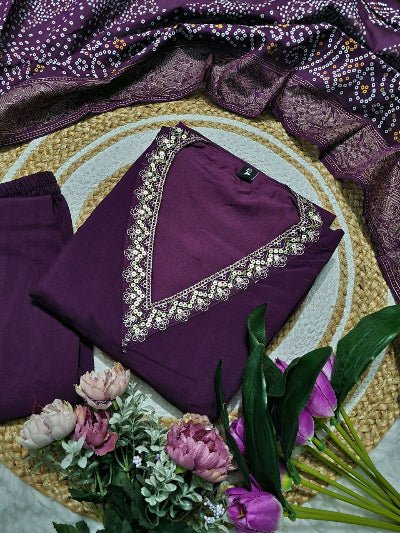 Royal Purple Chanderi Anarkali Suit with Foil Print Dupatta - BONYHUBSALWAR KAMEEZ