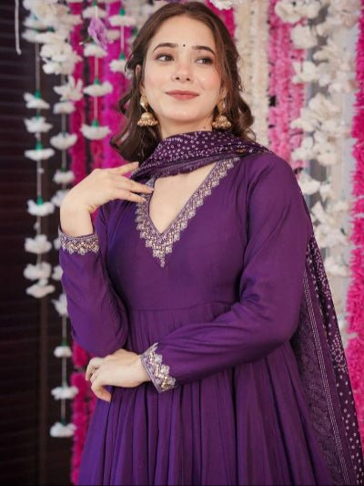 Royal Purple Chanderi Anarkali Suit with Foil Print Dupatta - BONYHUBSALWAR KAMEEZ