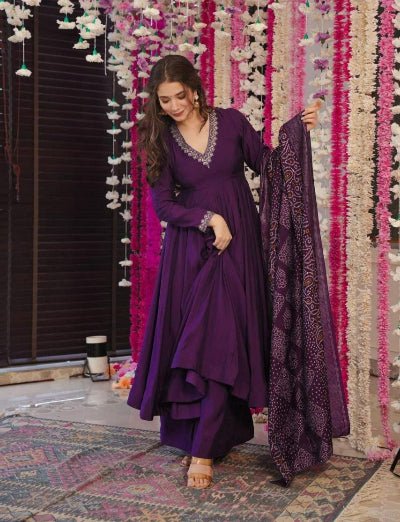 Royal Purple Chanderi Anarkali Suit with Foil Print Dupatta - BONYHUBSALWAR KAMEEZ
