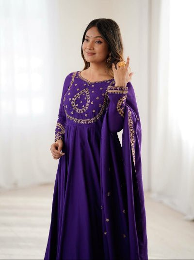 Royal Purple Chanderi Silk Anarkali Suit UK Next Day - BONYHUBSALWAR KAMEEZ