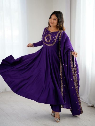 Royal Purple Chanderi Silk Anarkali Suit UK Next Day - BONYHUBSALWAR KAMEEZ