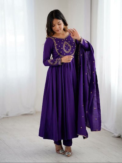 Royal Purple Chanderi Silk Anarkali Suit UK Next Day - BONYHUBSALWAR KAMEEZ