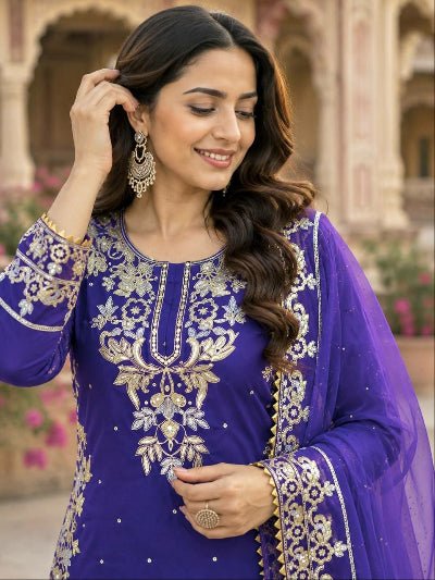 Royal Purple Embroidered Banarasi Brocade Palazzo Suit for Women - BONYHUBSALWAR KAMEEZ