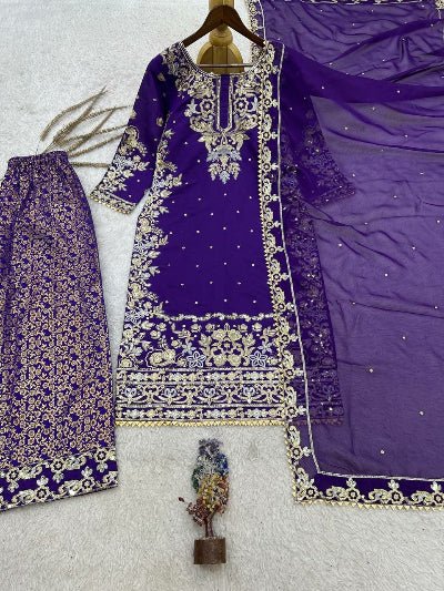 Royal Purple Embroidered Banarasi Brocade Palazzo Suit for Women - BONYHUBSALWAR KAMEEZ