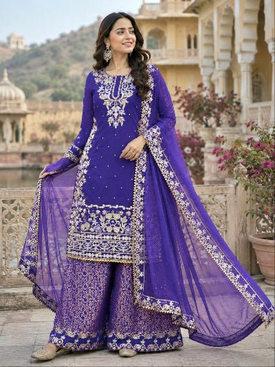 Royal Purple Embroidered Banarasi Brocade Palazzo Suit for Women - BONYHUBSALWAR KAMEEZ