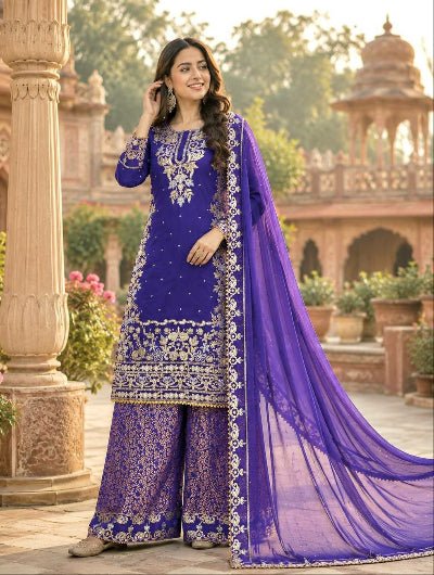 Royal Purple Embroidered Banarasi Brocade Palazzo Suit for Women - BONYHUBSALWAR KAMEEZ