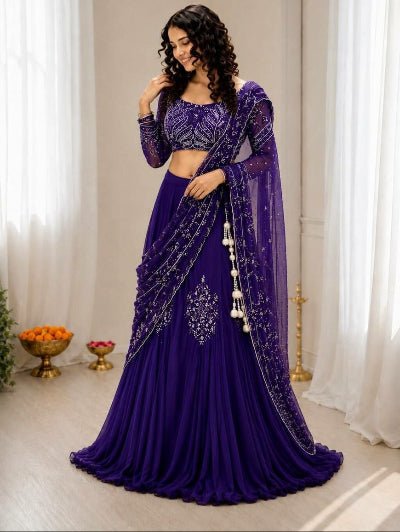 Royal Violet Sequins Work Ready to Wear Drape Lehenga Saree - BONYHUBSAREE