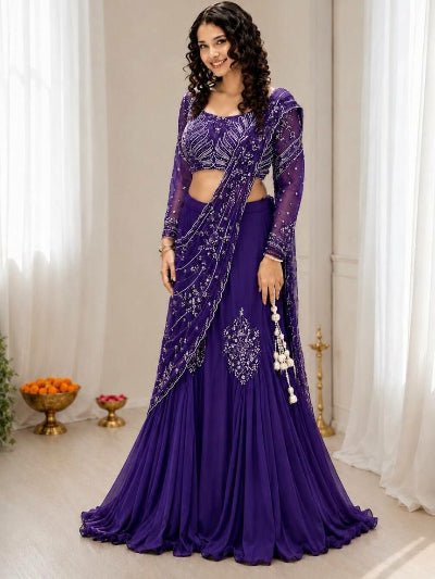 Royal Violet Sequins Work Ready to Wear Drape Lehenga Saree - BONYHUBSAREE