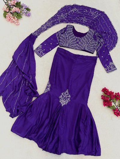 Royal Violet Sequins Work Ready to Wear Drape Lehenga Saree - BONYHUBSAREE