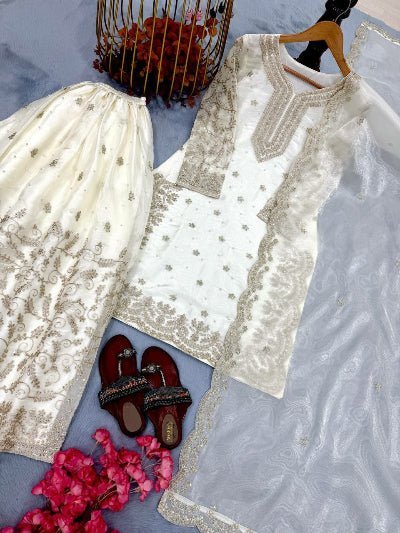 Royal White Organza Silk Sequence Work Sharara Suit - BONYHUBSALWAR KAMEEZ