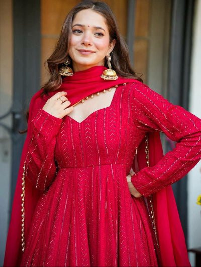 Ruby Red Georgette Embroidery Anarkali Suit - BONYHUBSALWAR KAMEEZ
