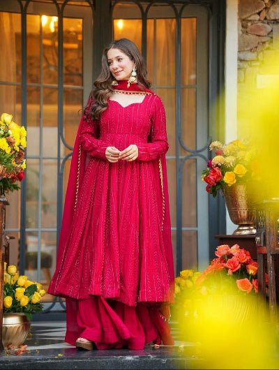 Ruby Red Georgette Embroidery Anarkali Suit - BONYHUBSALWAR KAMEEZ