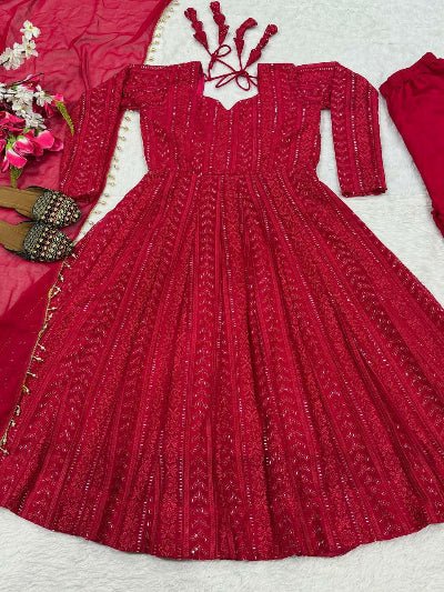 Ruby Red Georgette Embroidery Anarkali Suit - BONYHUBSALWAR KAMEEZ