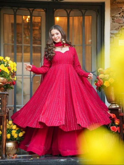 Ruby Red Georgette Embroidery Anarkali Suit - BONYHUBSALWAR KAMEEZ