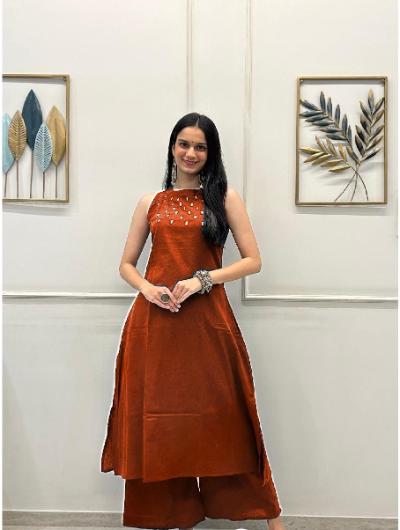 Rust Embroidered Co - ord Set with Kurta Pant (Set of 2) - BONYHUBSALWAR KAMEEZ