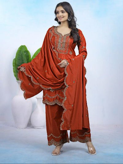 Rust Gold Embroidery Work Palazzo Suit UK Next Day - BONYHUBSALWAR KAMEEZ