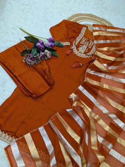 Rust Orange Chanderi Silk Embroidery Suit - BONYHUBSALWAR KAMEEZ