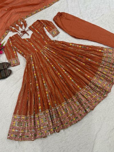 Rust Orange Embroidery Work Ethnic Anarkali Suit For Women - BONYHUBSALWAR KAMEEZ