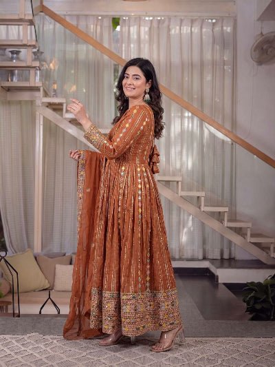 Rust Orange Embroidery Work Ethnic Anarkali Suit For Women - BONYHUBSALWAR KAMEEZ