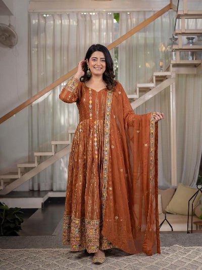 Rust Orange Embroidery Work Ethnic Anarkali Suit For Women - BONYHUBSALWAR KAMEEZ
