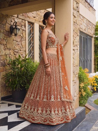 Rust Orange Gold Silk Embroidered Lehenga Choli Set - BONYHUBSALWAR KAMEEZ