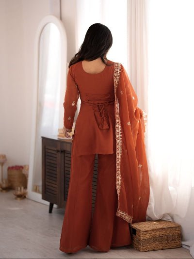 Rust Orange Silk Embroidered Bell Bottom Suit Set - BONYHUBSALWAR KAMEEZ