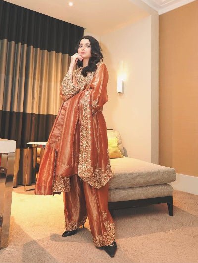 Rust Orange Silk Gold Zari Embroidered Palazzo Suit - BONYHUBSALWAR KAMEEZ