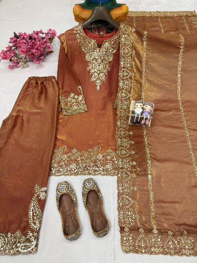 Rust Orange Silk Gold Zari Embroidered Palazzo Suit - BONYHUBSALWAR KAMEEZ